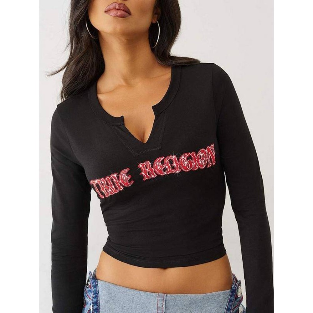 True Religion Y2K Black Rhinestone Logo Cropped Long Sleeve Top 2000s McBling L